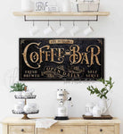 Coffee Bar Sign with Personalized Family Name, Fresh Brewed Self Serve Open Daily, Elegant, Decorative, Vintage Wall Art handmade by ToeFishArt. Original, custom, personalized wall decor signs. Canvas, Wood or Metal. Rustic modern farmhouse, cottagecore, vintage, retro, industrial, Americana, primitive, country, coastal, minimalist.