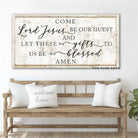 Come Lord Jesus Be Our Guest Sign handmade by ToeFishArt. Original, custom, personalized wall decor signs. Canvas, Wood or Metal. Rustic modern farmhouse, cottagecore, vintage, retro, industrial, Americana, primitive, country, coastal, minimalist.