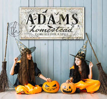 Come Sit For A Spell Sign handmade by ToeFishArt. Original, custom, personalized wall decor signs. Canvas, Wood or Metal. Rustic modern farmhouse, cottagecore, vintage, retro, industrial, Americana, primitive, country, coastal, minimalist.