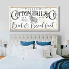 Cottontail & Co. Bed & Breakfast Sign handmade by ToeFishArt. Original, custom, personalized wall decor signs. Canvas, Wood or Metal. Rustic modern farmhouse, cottagecore, vintage, retro, industrial, Americana, primitive, country, coastal, minimalist.