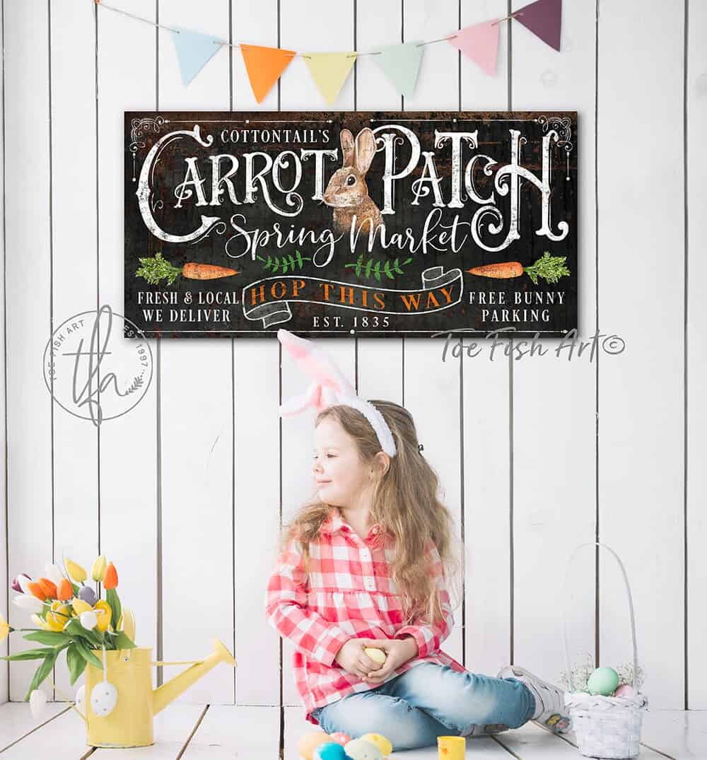 Cottontail's Carrot Patch Sign handmade by ToeFishArt. Original, custom, personalized wall decor signs. Canvas, Wood or Metal. Rustic modern farmhouse, cottagecore, vintage, retro, industrial, Americana, primitive, country, coastal, minimalist.