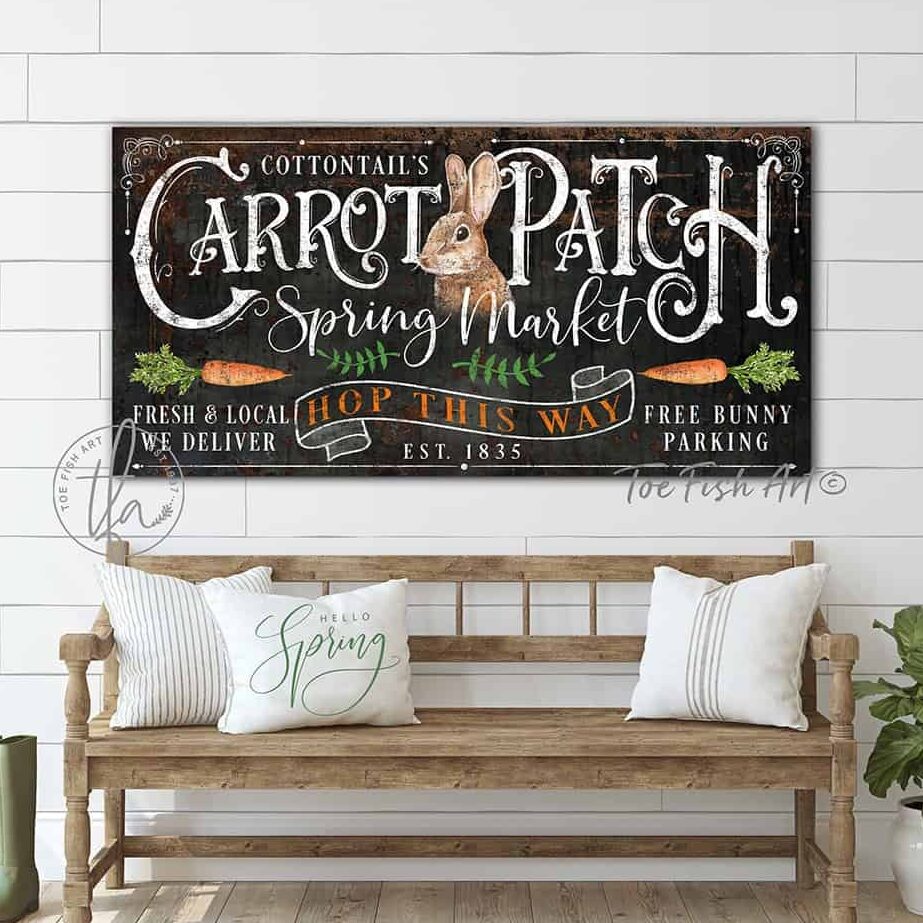 Cottontail's Carrot Patch Sign handmade by ToeFishArt. Original, custom, personalized wall decor signs. Canvas, Wood or Metal. Rustic modern farmhouse, cottagecore, vintage, retro, industrial, Americana, primitive, country, coastal, minimalist.
