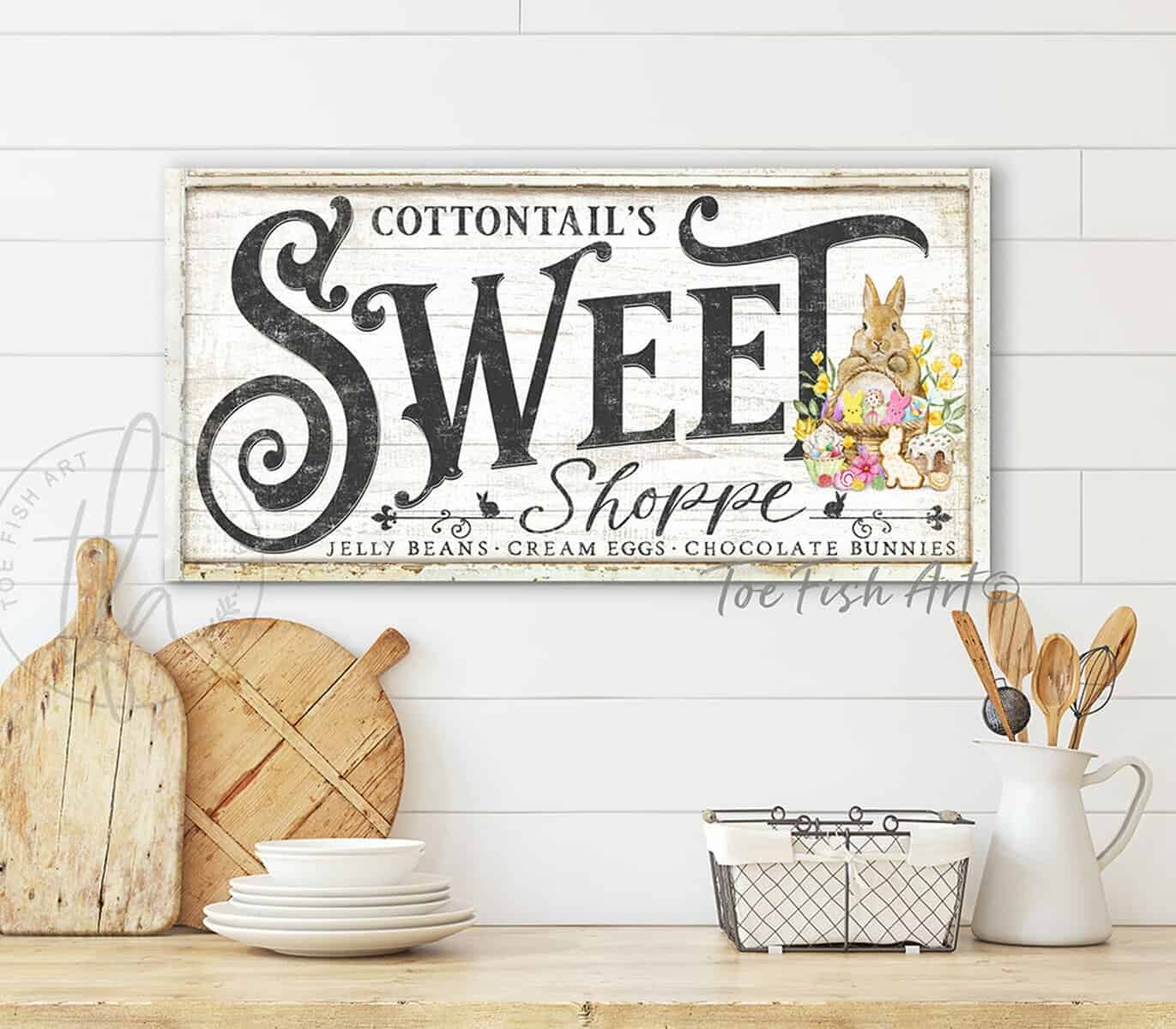 Cottontail's Sweet Shoppe Candy Easter Decoration Spring Décor Sign, Cottage Farmhouse Style handmade by ToeFishArt. Original, custom, personalized wall decor signs. Canvas, Wood or Metal. Rustic modern farmhouse, cottagecore, vintage, retro, industrial, Americana, primitive, country, coastal, minimalist.