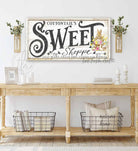 Cottontail's Sweet Shoppe Candy Easter Decoration Spring Décor Sign, Cottage Farmhouse Style handmade by ToeFishArt. Original, custom, personalized wall decor signs. Canvas, Wood or Metal. Rustic modern farmhouse, cottagecore, vintage, retro, industrial, Americana, primitive, country, coastal, minimalist.