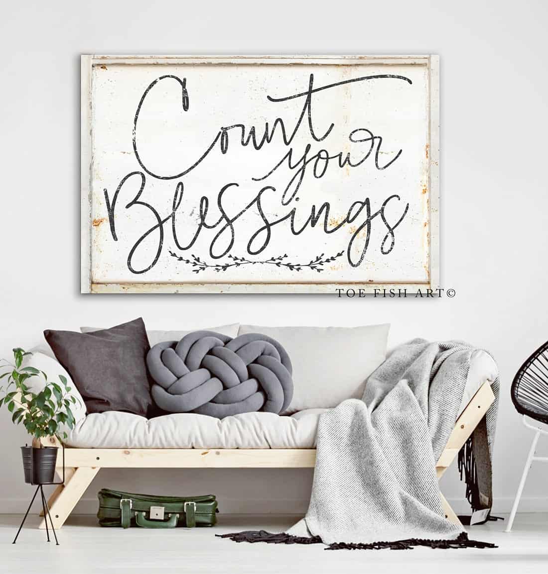 Count Your Blessings Sign handmade by ToeFishArt. Original, custom, personalized wall decor signs. Canvas, Wood or Metal. Rustic modern farmhouse, cottagecore, vintage, retro, industrial, Americana, primitive, country, coastal, minimalist.