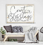 Count Your Blessings Sign handmade by ToeFishArt. Original, custom, personalized wall decor signs. Canvas, Wood or Metal. Rustic modern farmhouse, cottagecore, vintage, retro, industrial, Americana, primitive, country, coastal, minimalist.
