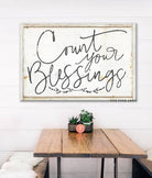 Count Your Blessings Sign handmade by ToeFishArt. Original, custom, personalized wall decor signs. Canvas, Wood or Metal. Rustic modern farmhouse, cottagecore, vintage, retro, industrial, Americana, primitive, country, coastal, minimalist.