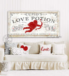 Cupid's Love Potion Sign handmade by ToeFishArt. Original, custom, personalized wall decor signs. Canvas, Wood or Metal. Rustic modern farmhouse, cottagecore, vintage, retro, industrial, Americana, primitive, country, coastal, minimalist.