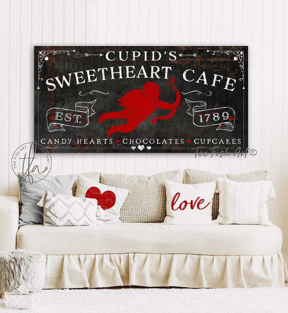 Cupid's Sweetheart Café Sign handmade by ToeFishArt. Original, custom, personalized wall decor signs. Canvas, Wood or Metal. Rustic modern farmhouse, cottagecore, vintage, retro, industrial, Americana, primitive, country, coastal, minimalist.