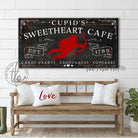 Cupid's Sweetheart Café Sign handmade by ToeFishArt. Original, custom, personalized wall decor signs. Canvas, Wood or Metal. Rustic modern farmhouse, cottagecore, vintage, retro, industrial, Americana, primitive, country, coastal, minimalist.