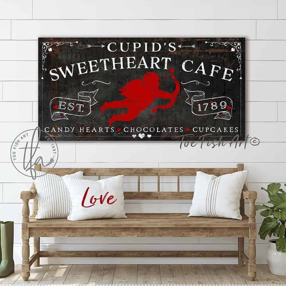 Cupid's Sweetheart Café Sign handmade by ToeFishArt. Original, custom, personalized wall decor signs. Canvas, Wood or Metal. Rustic modern farmhouse, cottagecore, vintage, retro, industrial, Americana, primitive, country, coastal, minimalist.