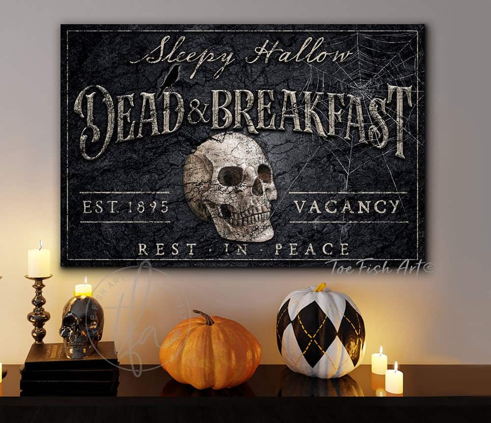 Dead & Breakfast Sign handmade by ToeFishArt. Original, custom, personalized wall decor signs. Canvas, Wood or Metal. Rustic modern farmhouse, cottagecore, vintage, retro, industrial, Americana, primitive, country, coastal, minimalist.