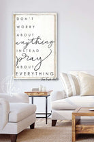 Don't Worry About Anything Instead Pray About Everything Sign handmade by ToeFishArt. Original, custom, personalized wall decor signs. Canvas, Wood or Metal. Rustic modern farmhouse, cottagecore, vintage, retro, industrial, Americana, primitive, country, coastal, minimalist.
