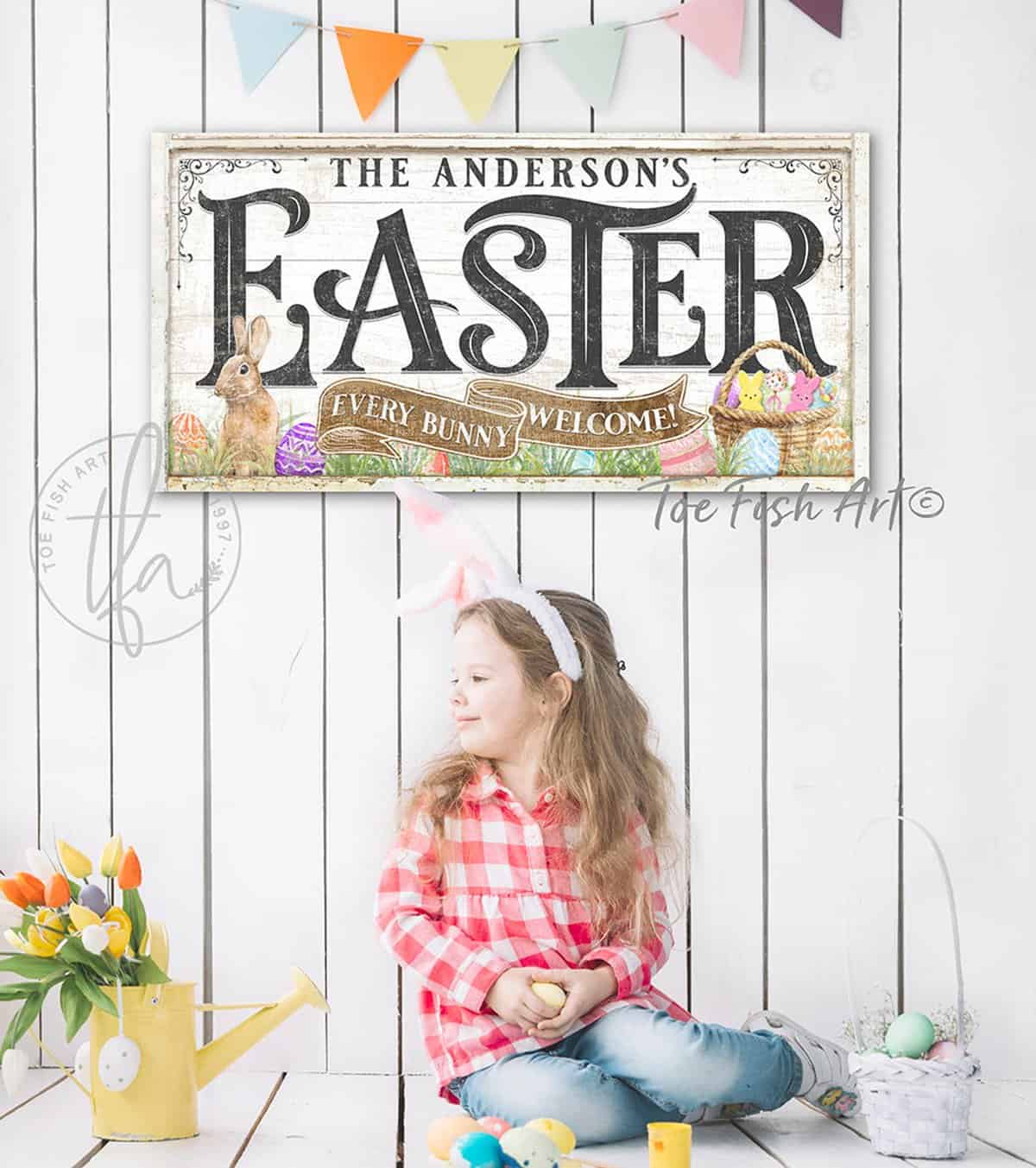 Easter Decoration Personalized Family Name Sign, Every Bunny Welcome handmade by ToeFishArt. Original, custom, personalized wall decor signs. Canvas, Wood or Metal. Rustic modern farmhouse, cottagecore, vintage, retro, industrial, Americana, primitive, country, coastal, minimalist.