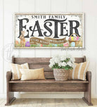 Easter Decoration Personalized Family Name Sign, Every Bunny Welcome handmade by ToeFishArt. Original, custom, personalized wall decor signs. Canvas, Wood or Metal. Rustic modern farmhouse, cottagecore, vintage, retro, industrial, Americana, primitive, country, coastal, minimalist.