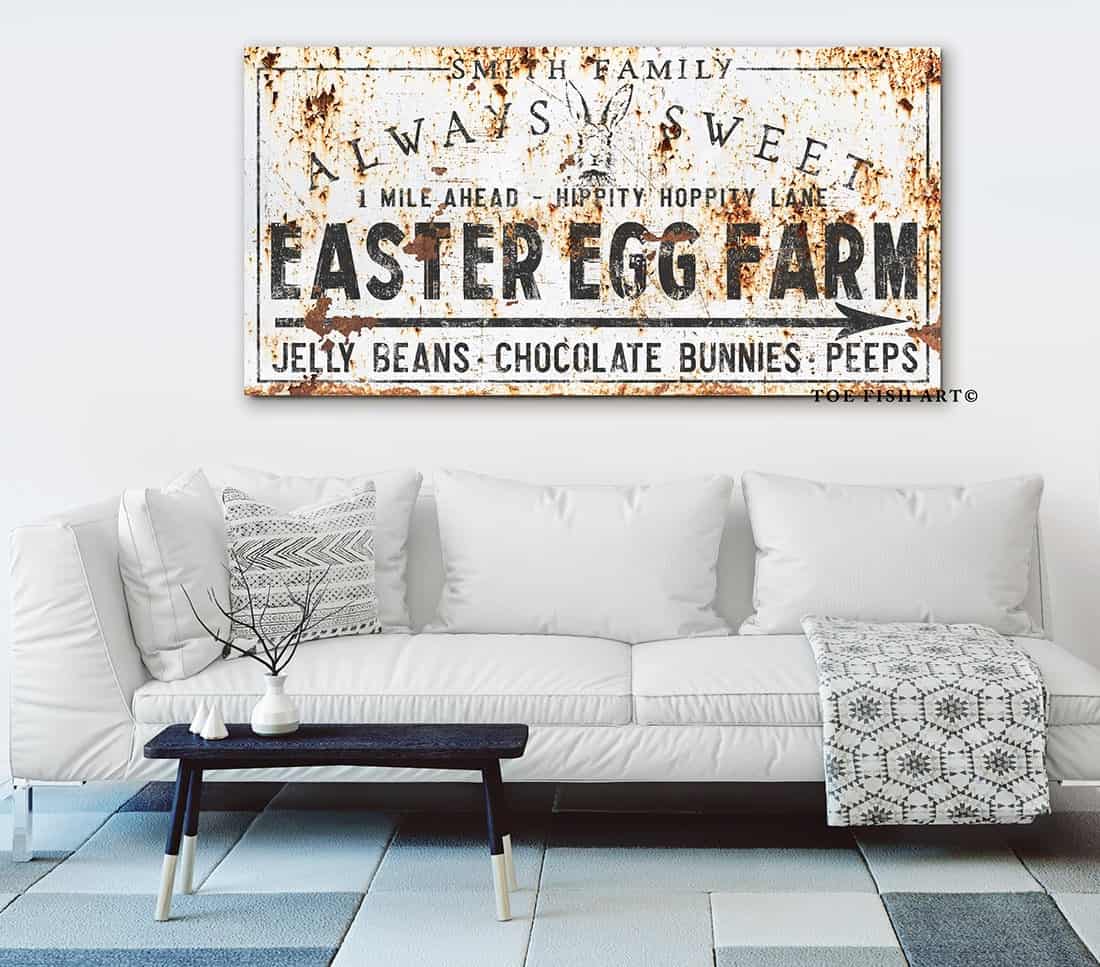 Easter Egg Farm Sign handmade by ToeFishArt. Original, custom, personalized wall decor signs. Canvas, Wood or Metal. Rustic modern farmhouse, cottagecore, vintage, retro, industrial, Americana, primitive, country, coastal, minimalist.