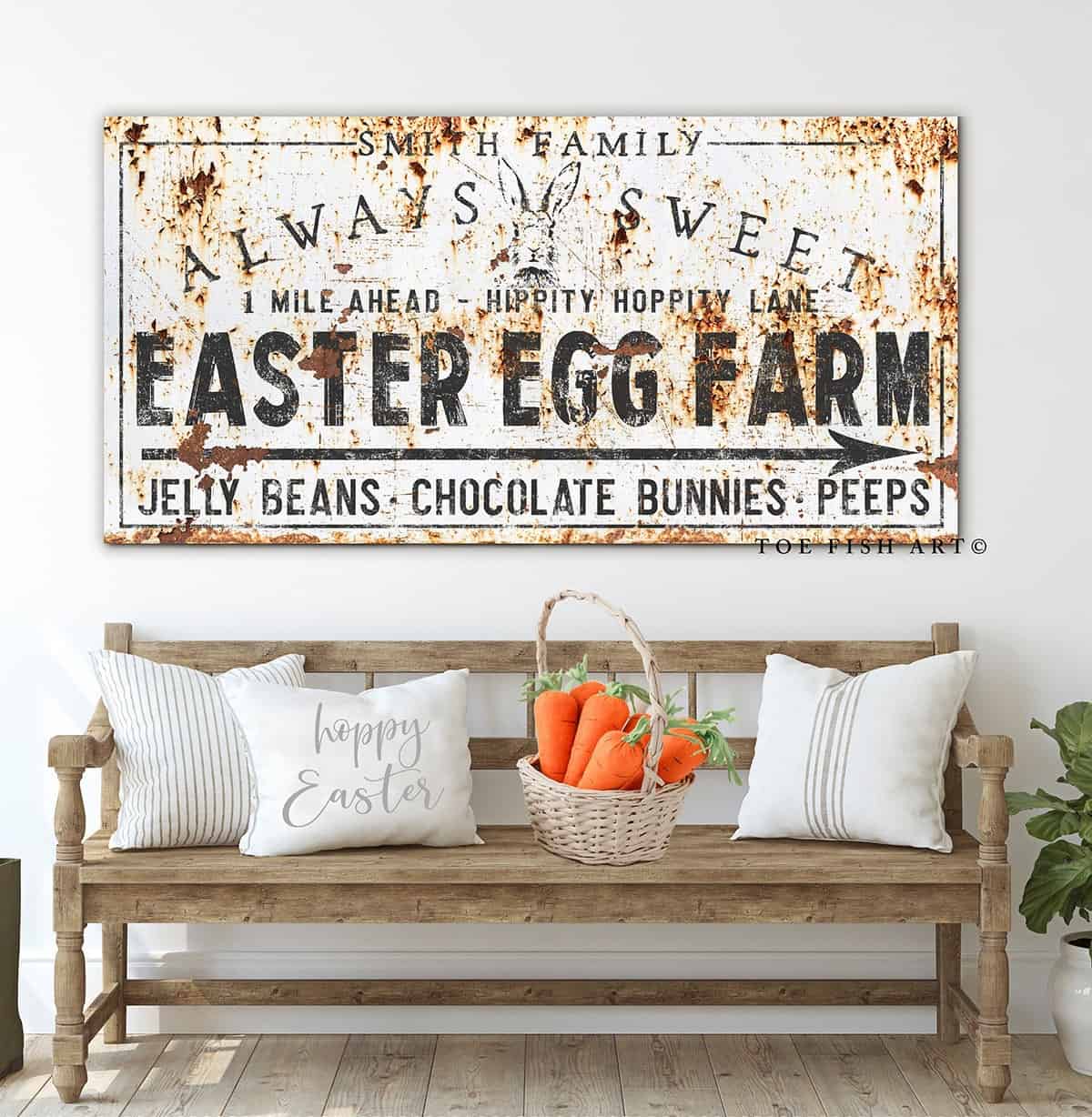 Easter Egg Farm Sign handmade by ToeFishArt. Original, custom, personalized wall decor signs. Canvas, Wood or Metal. Rustic modern farmhouse, cottagecore, vintage, retro, industrial, Americana, primitive, country, coastal, minimalist.