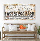 Easter Egg Farm Sign handmade by ToeFishArt. Original, custom, personalized wall decor signs. Canvas, Wood or Metal. Rustic modern farmhouse, cottagecore, vintage, retro, industrial, Americana, primitive, country, coastal, minimalist.
