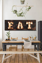 Eat "Marquee"-style Sign handmade by ToeFishArt. Original, custom, personalized wall decor signs. Canvas, Wood or Metal. Rustic modern farmhouse, cottagecore, vintage, retro, industrial, Americana, primitive, country, coastal, minimalist.