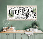 Evergreen Acres Christmas Trees Sign handmade by ToeFishArt. Original, custom, personalized wall decor signs. Canvas, Wood or Metal. Rustic modern farmhouse, cottagecore, vintage, retro, industrial, Americana, primitive, country, coastal, minimalist.