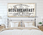 Family Bed & Breakfast Sign handmade by ToeFishArt. Original, custom, personalized wall decor signs. Canvas, Wood or Metal. Rustic modern farmhouse, cottagecore, vintage, retro, industrial, Americana, primitive, country, coastal, minimalist.