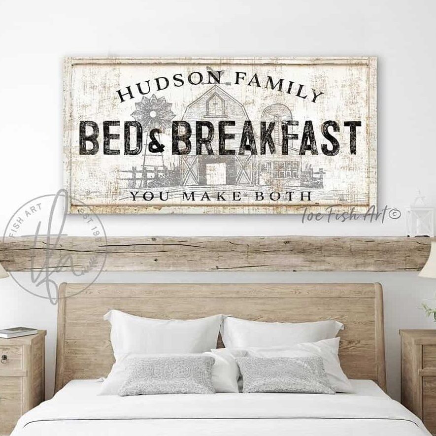 Family Bed & Breakfast Sign handmade by ToeFishArt. Original, custom, personalized wall decor signs. Canvas, Wood or Metal. Rustic modern farmhouse, cottagecore, vintage, retro, industrial, Americana, primitive, country, coastal, minimalist.