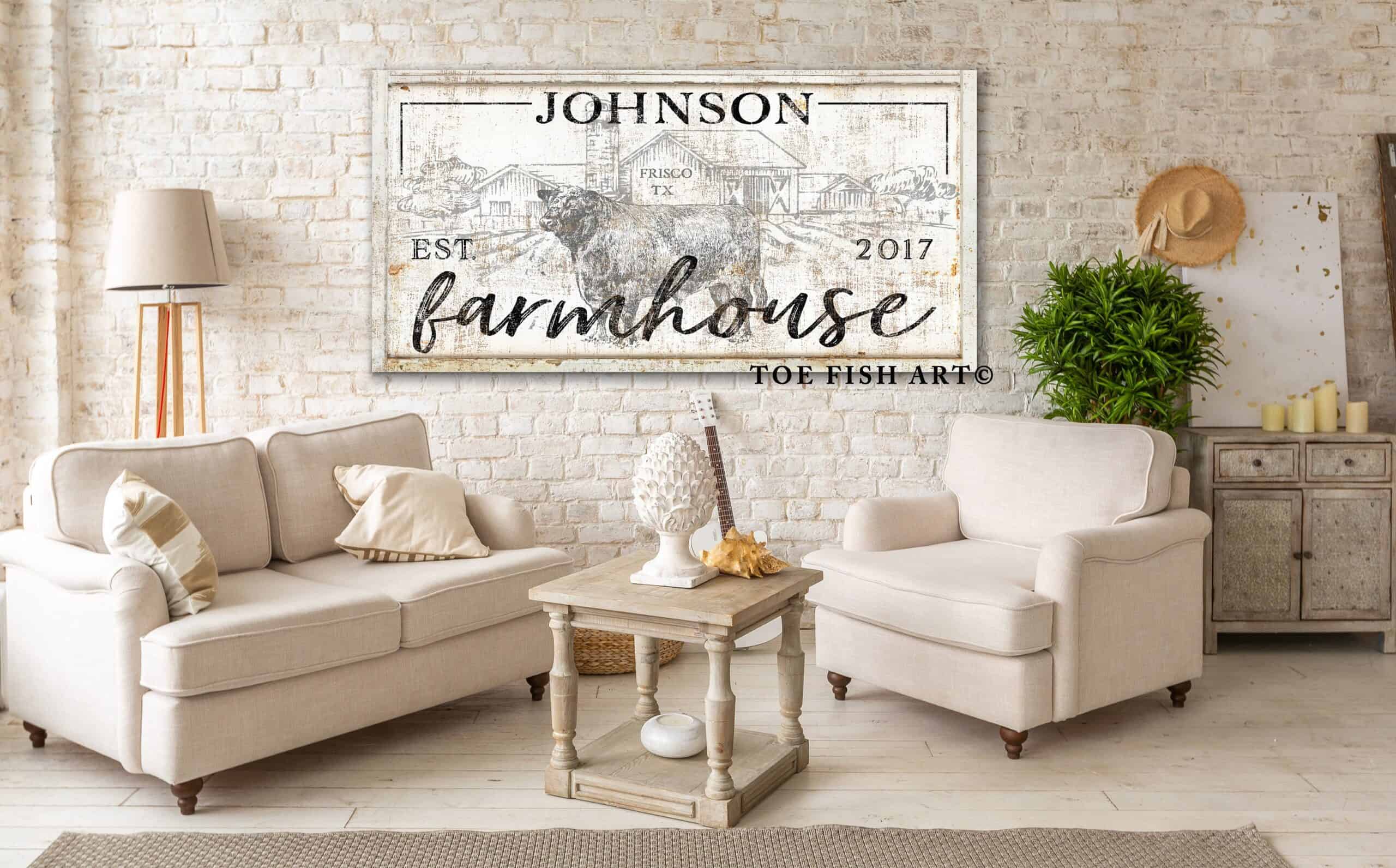 Family Farmhouse Sign handmade by ToeFishArt. Original, custom, personalized wall decor signs. Canvas, Wood or Metal. Rustic modern farmhouse, cottagecore, vintage, retro, industrial, Americana, primitive, country, coastal, minimalist.