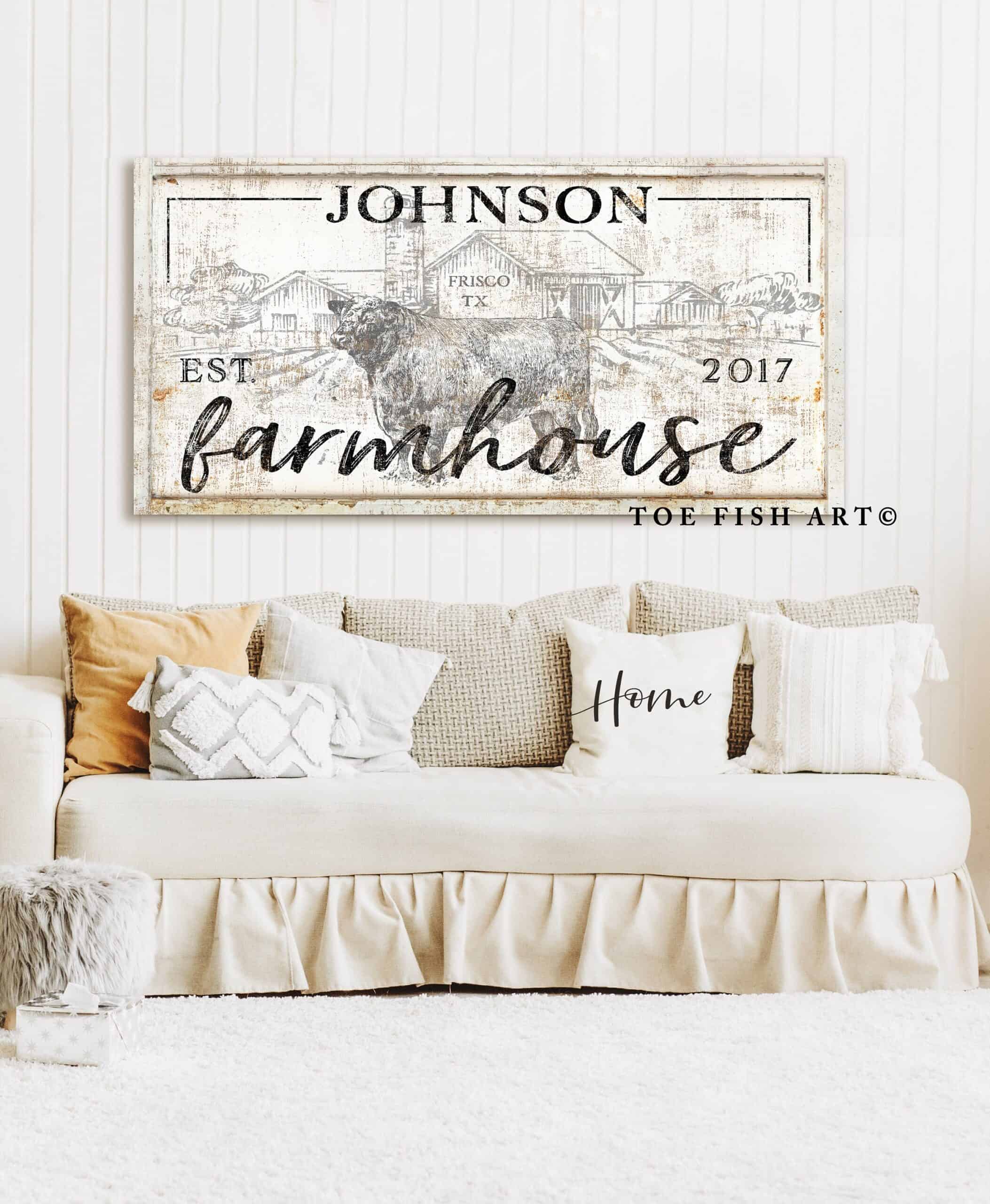 Family Farmhouse Sign handmade by ToeFishArt. Original, custom, personalized wall decor signs. Canvas, Wood or Metal. Rustic modern farmhouse, cottagecore, vintage, retro, industrial, Americana, primitive, country, coastal, minimalist.