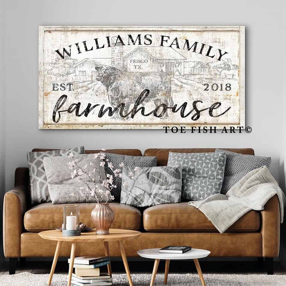 Family Farmhouse Sign handmade by ToeFishArt. Original, custom, personalized wall decor signs. Canvas, Wood or Metal. Rustic modern farmhouse, cottagecore, vintage, retro, industrial, Americana, primitive, country, coastal, minimalist.