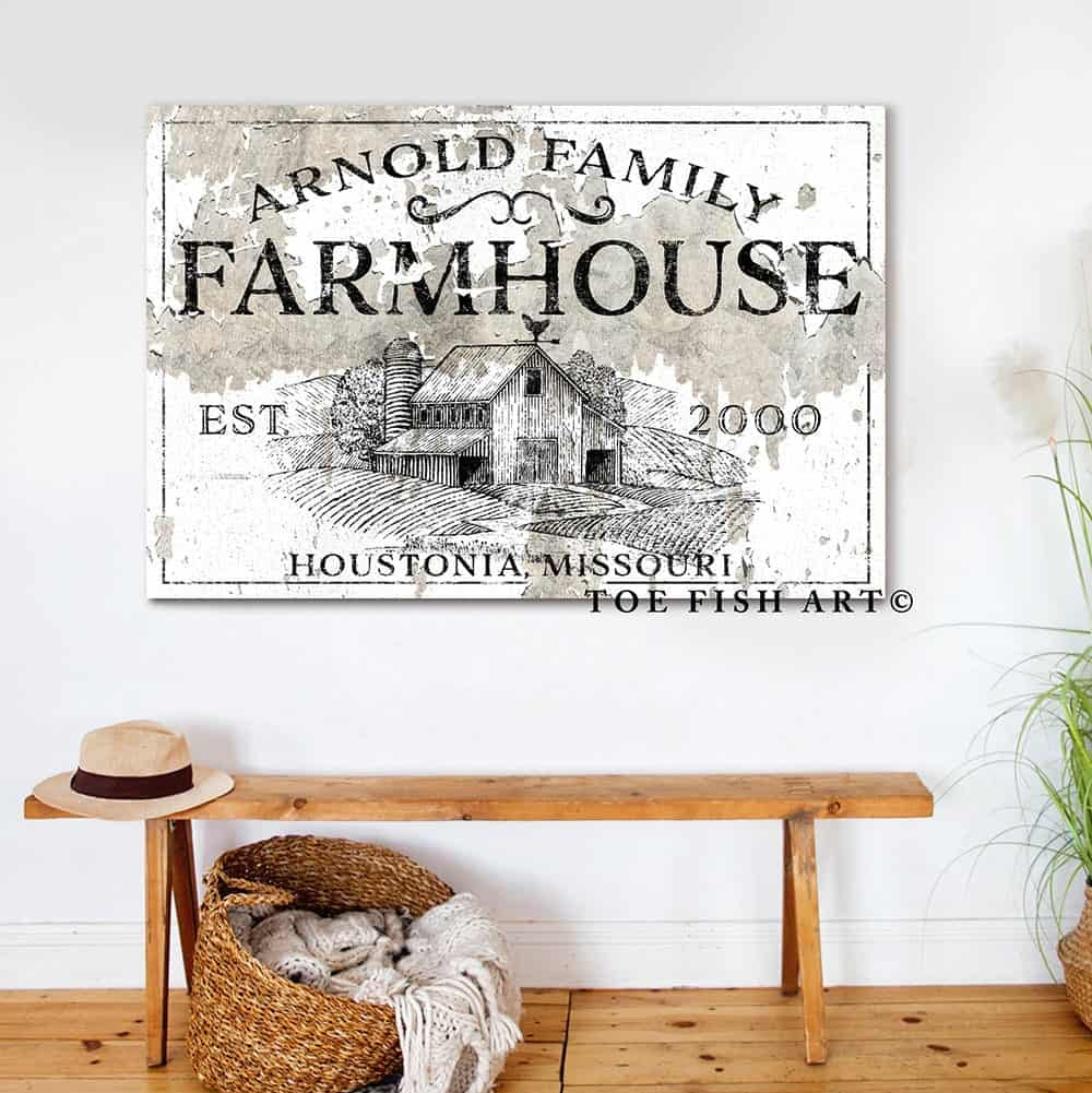 Family Farmhouse Sign handmade by ToeFishArt. Original, custom, personalized wall decor signs. Canvas, Wood or Metal. Rustic modern farmhouse, cottagecore, vintage, retro, industrial, Americana, primitive, country, coastal, minimalist.