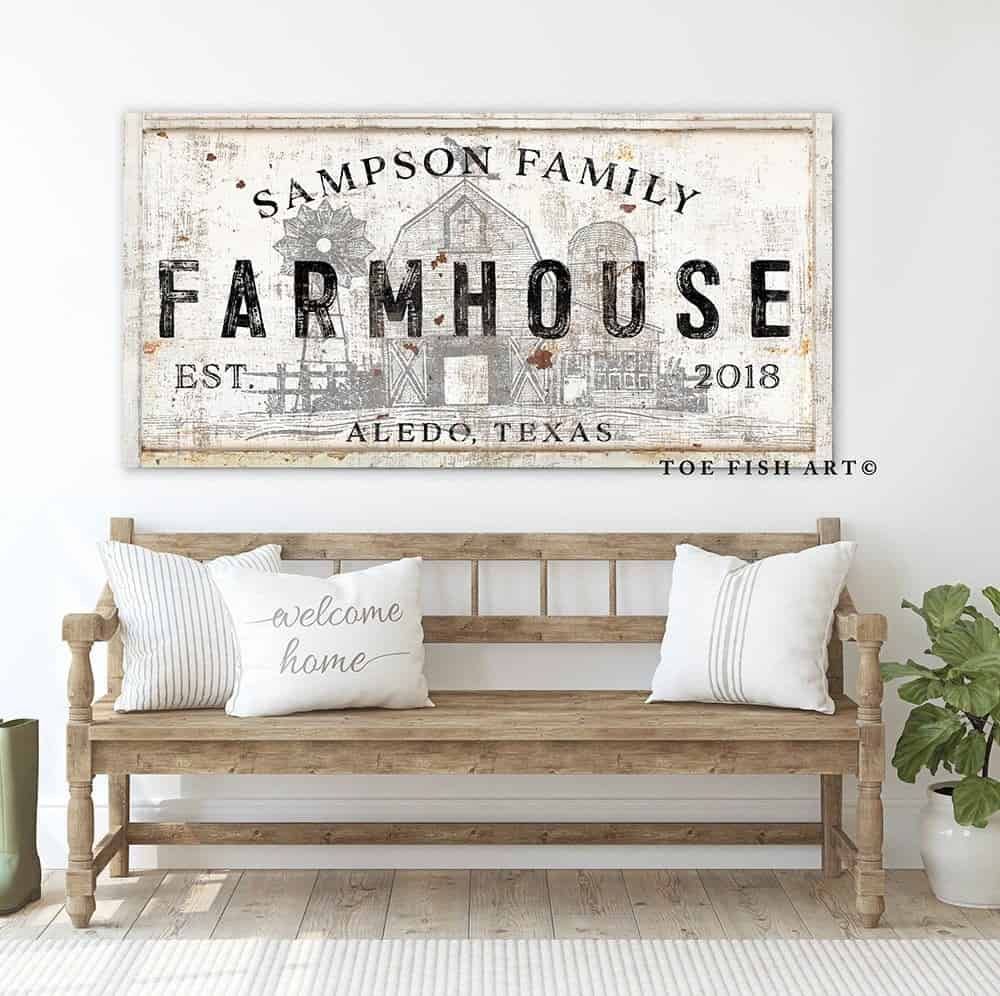 Family Homestead Sign handmade by ToeFishArt. Original, custom, personalized wall decor signs. Canvas, Wood or Metal. Rustic modern farmhouse, cottagecore, vintage, retro, industrial, Americana, primitive, country, coastal, minimalist.