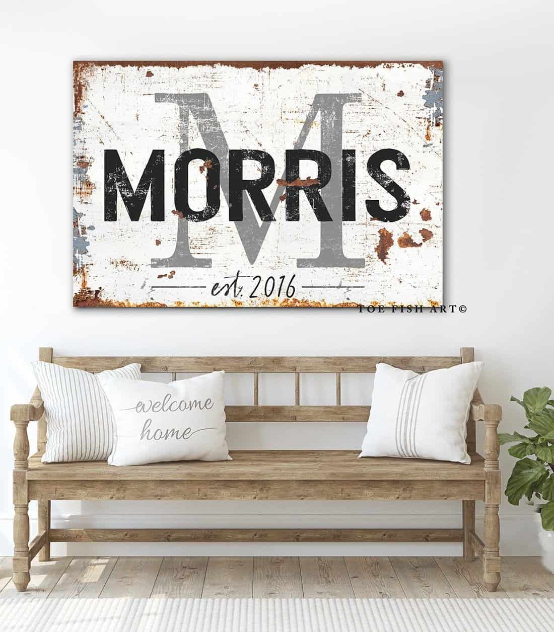 Family Initial Sign handmade by ToeFishArt. Original, custom, personalized wall decor signs. Canvas, Wood or Metal. Rustic modern farmhouse, cottagecore, vintage, retro, industrial, Americana, primitive, country, coastal, minimalist.