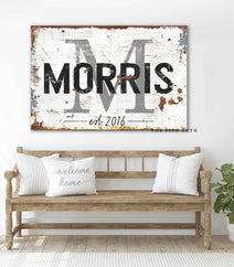 Family Initial Sign handmade by ToeFishArt. Original, custom, personalized wall decor signs. Canvas, Wood or Metal. Rustic modern farmhouse, cottagecore, vintage, retro, industrial, Americana, primitive, country, coastal, minimalist.