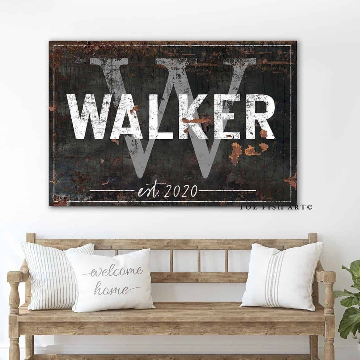 Family Initial Sign handmade by ToeFishArt. Original, custom, personalized wall decor signs. Canvas, Wood or Metal. Rustic modern farmhouse, cottagecore, vintage, retro, industrial, Americana, primitive, country, coastal, minimalist.