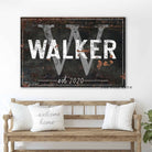 Family Initial Sign handmade by ToeFishArt. Original, custom, personalized wall decor signs. Canvas, Wood or Metal. Rustic modern farmhouse, cottagecore, vintage, retro, industrial, Americana, primitive, country, coastal, minimalist.