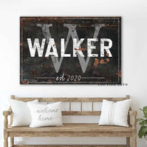 Family Initial Sign handmade by ToeFishArt. Original, custom, personalized wall decor signs. Canvas, Wood or Metal. Rustic modern farmhouse, cottagecore, vintage, retro, industrial, Americana, primitive, country, coastal, minimalist.