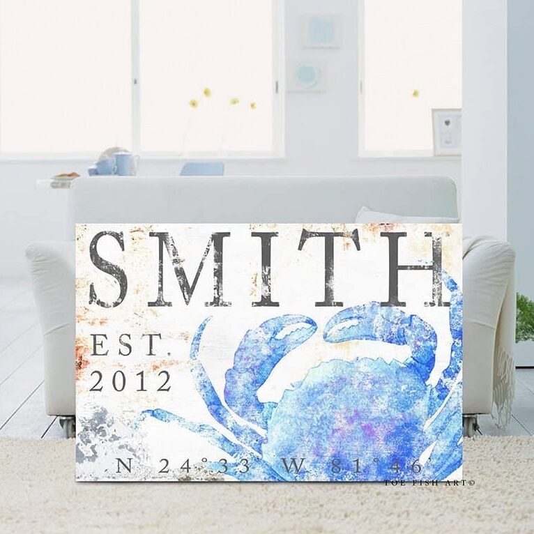 Family Name Sign handmade by ToeFishArt. Original, custom, personalized wall decor signs. Canvas, Wood or Metal. Rustic modern farmhouse, cottagecore, vintage, retro, industrial, Americana, primitive, country, coastal, minimalist.