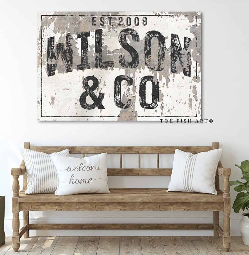 Family Name Sign handmade by ToeFishArt. Original, custom, personalized wall decor signs. Canvas, Wood or Metal. Rustic modern farmhouse, cottagecore, vintage, retro, industrial, Americana, primitive, country, coastal, minimalist.