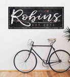 Family Name Sign handmade by ToeFishArt. Original, custom, personalized wall decor signs. Canvas, Wood or Metal. Rustic modern farmhouse, cottagecore, vintage, retro, industrial, Americana, primitive, country, coastal, minimalist.