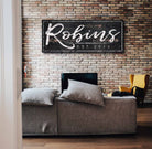 Family Name Sign handmade by ToeFishArt. Original, custom, personalized wall decor signs. Canvas, Wood or Metal. Rustic modern farmhouse, cottagecore, vintage, retro, industrial, Americana, primitive, country, coastal, minimalist.