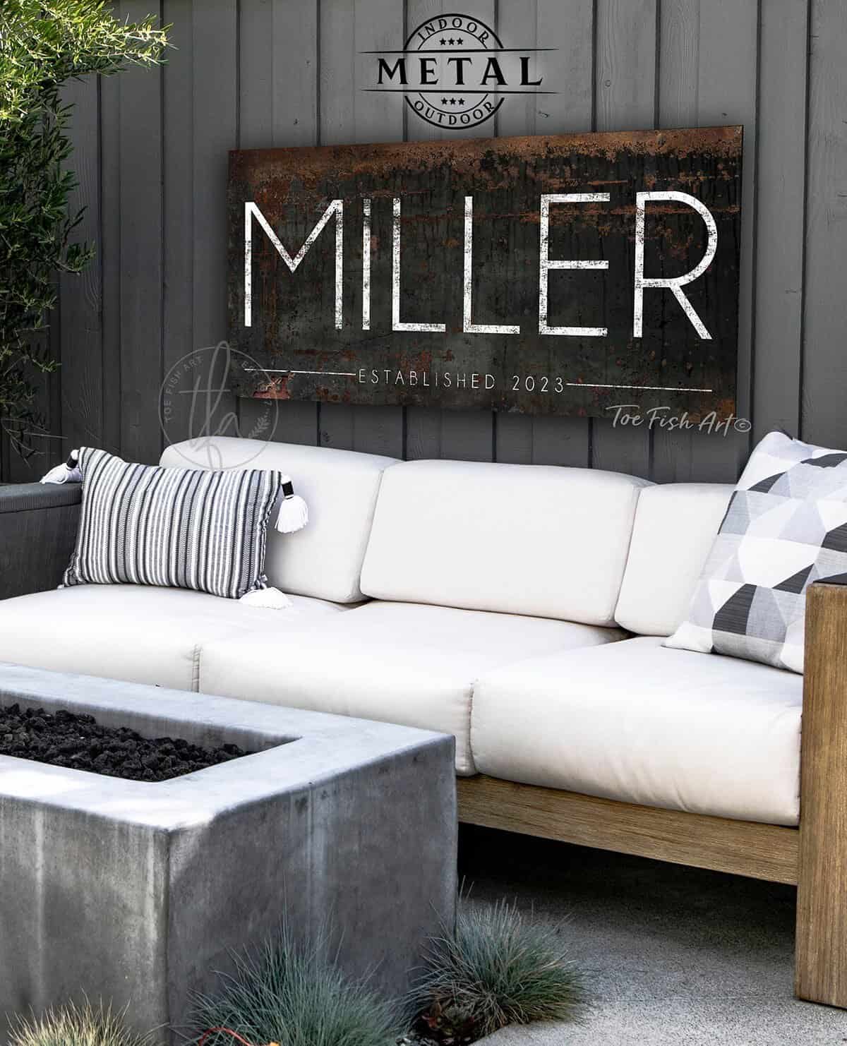 Family Name Sign with Established Date handmade by ToeFishArt. Original, custom, personalized wall decor signs. Canvas, Wood or Metal. Rustic modern farmhouse, cottagecore, vintage, retro, industrial, Americana, primitive, country, coastal, minimalist.