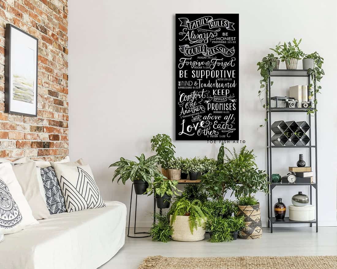 Family Rules Sign handmade by ToeFishArt. Original, custom, personalized wall decor signs. Canvas, Wood or Metal. Rustic modern farmhouse, cottagecore, vintage, retro, industrial, Americana, primitive, country, coastal, minimalist.