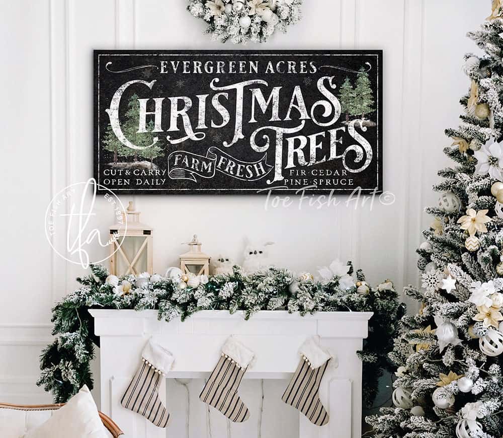 Farm Fresh Christmas Trees Sign handmade by ToeFishArt. Original, custom, personalized wall decor signs. Canvas, Wood or Metal. Rustic modern farmhouse, cottagecore, vintage, retro, industrial, Americana, primitive, country, coastal, minimalist.