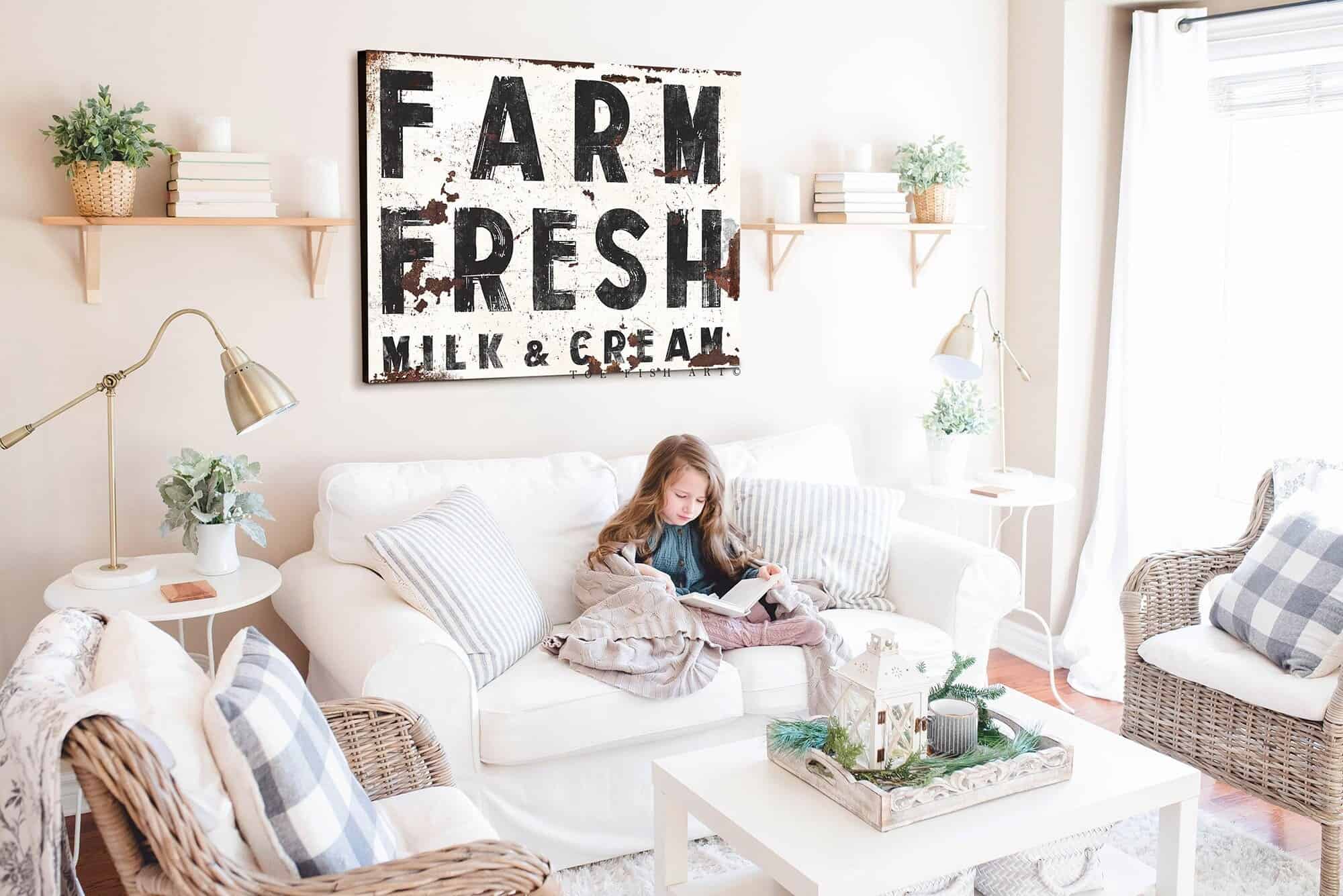 Farm Fresh Milk & Cream Sign handmade by ToeFishArt. Original, custom, personalized wall decor signs. Canvas, Wood or Metal. Rustic modern farmhouse, cottagecore, vintage, retro, industrial, Americana, primitive, country, coastal, minimalist.