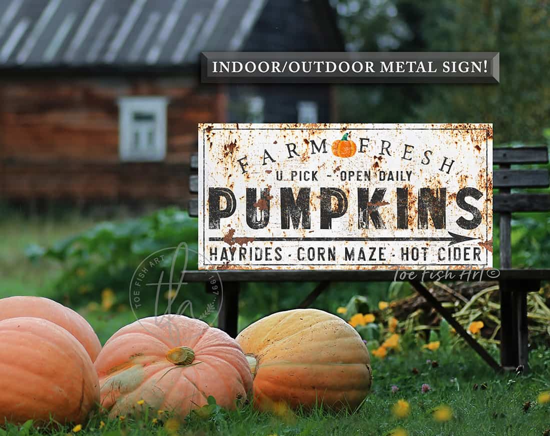 Farm Fresh Pumpkins Personalized Sign handmade by ToeFishArt. Original, custom, personalized wall decor signs. Canvas, Wood or Metal. Rustic modern farmhouse, cottagecore, vintage, retro, industrial, Americana, primitive, country, coastal, minimalist.