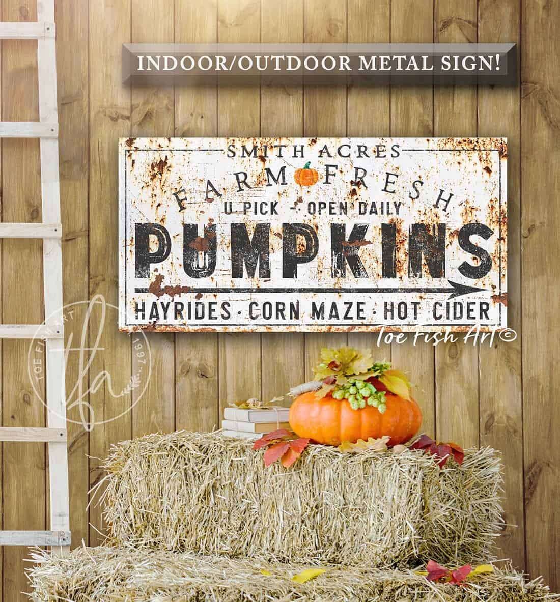 Farm Fresh Pumpkins Personalized Sign handmade by ToeFishArt. Original, custom, personalized wall decor signs. Canvas, Wood or Metal. Rustic modern farmhouse, cottagecore, vintage, retro, industrial, Americana, primitive, country, coastal, minimalist.
