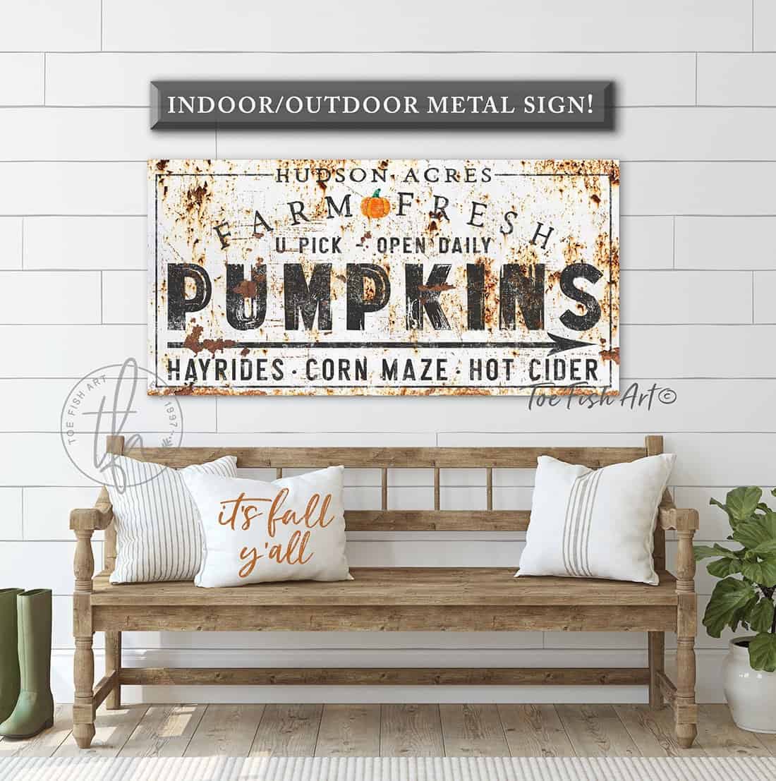 Farm Fresh Pumpkins Personalized Sign handmade by ToeFishArt. Original, custom, personalized wall decor signs. Canvas, Wood or Metal. Rustic modern farmhouse, cottagecore, vintage, retro, industrial, Americana, primitive, country, coastal, minimalist.