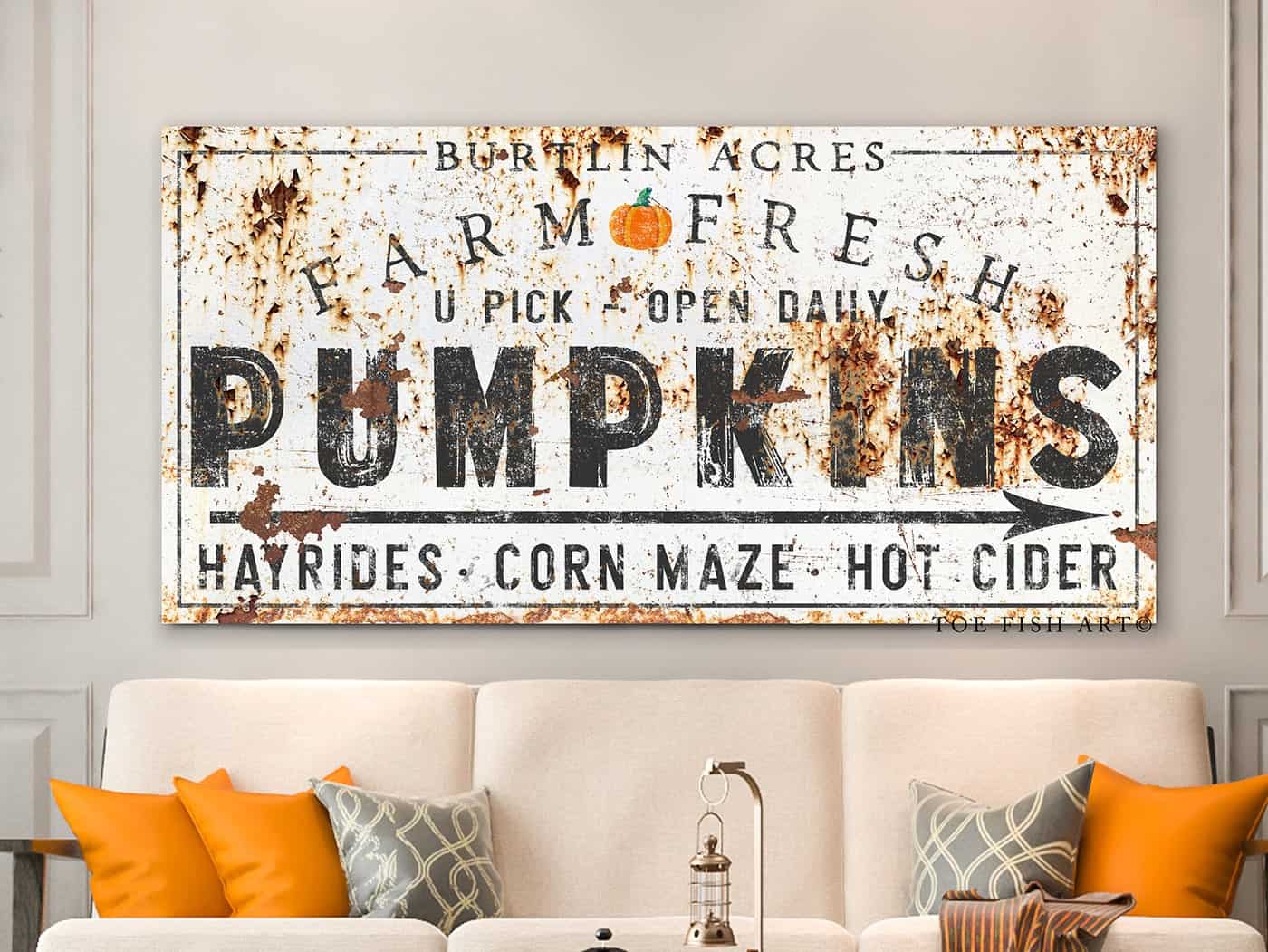 Farm Fresh Pumpkins Sign handmade by ToeFishArt. Original, custom, personalized wall decor signs. Canvas, Wood or Metal. Rustic modern farmhouse, cottagecore, vintage, retro, industrial, Americana, primitive, country, coastal, minimalist.