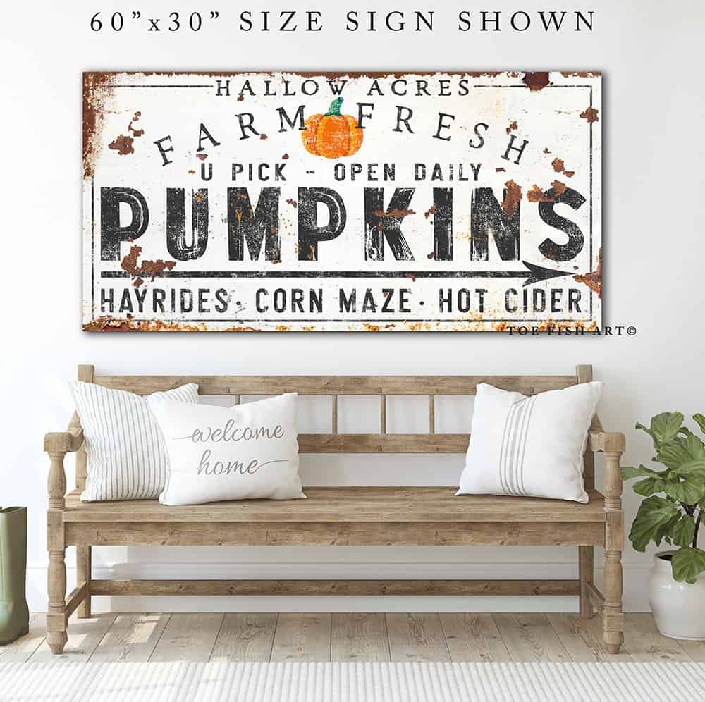 Farm Fresh Pumpkins Sign Hayrides Corn Maze Hot Cider handmade by ToeFishArt. Original, custom, personalized wall decor signs. Canvas, Wood or Metal. Rustic modern farmhouse, cottagecore, vintage, retro, industrial, Americana, primitive, country, coastal, minimalist.