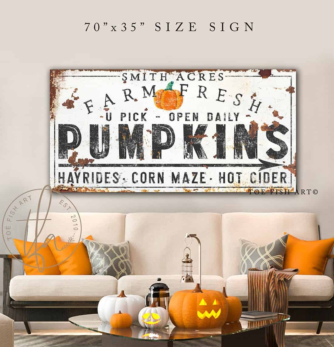 Farm Fresh Pumpkins Sign Hayrides Corn Maze Hot Cider handmade by ToeFishArt. Original, custom, personalized wall decor signs. Canvas, Wood or Metal. Rustic modern farmhouse, cottagecore, vintage, retro, industrial, Americana, primitive, country, coastal, minimalist.
